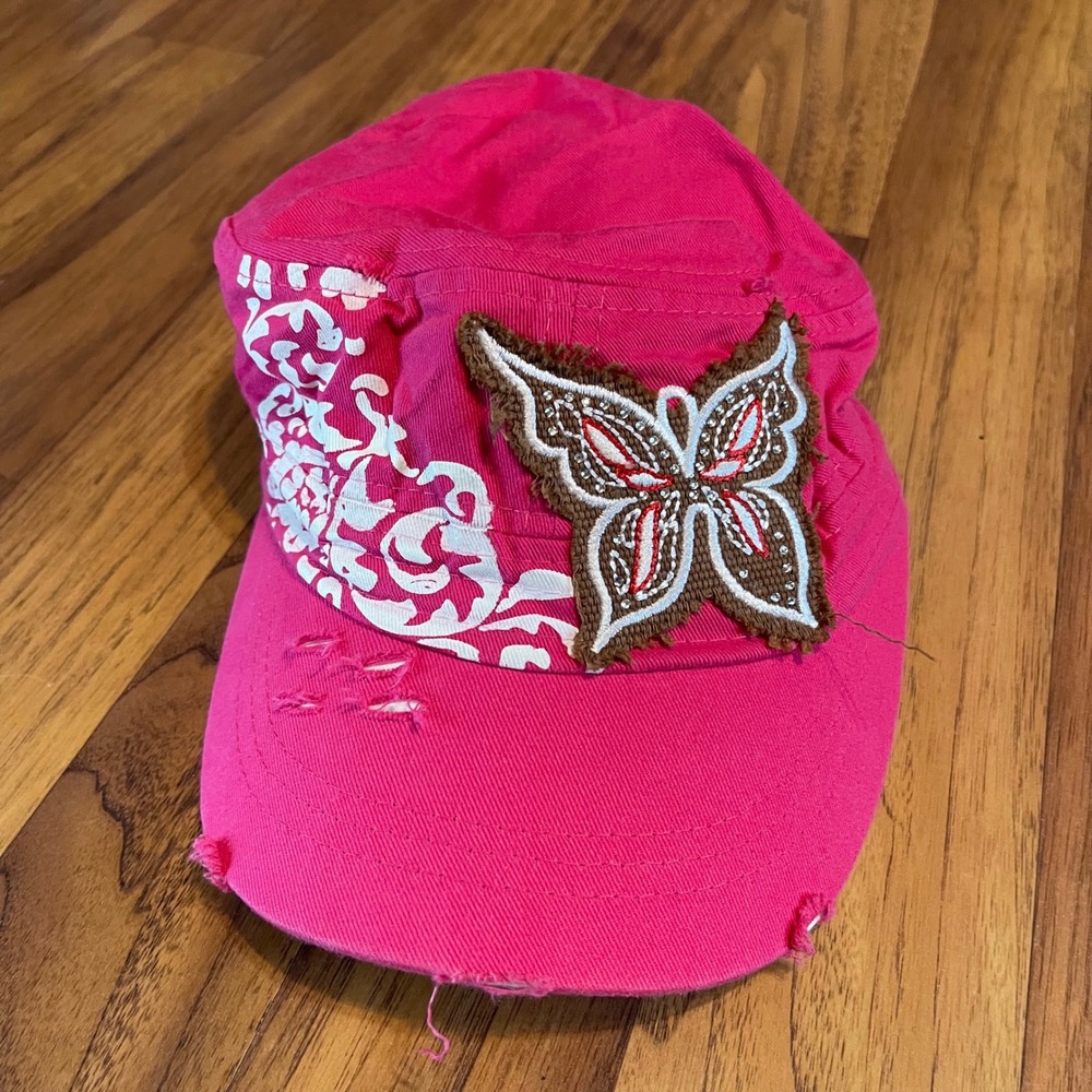 Wild Wear Pink Butterfly Cadet Hat Womens OSFM Distressed Cotton Military Cap